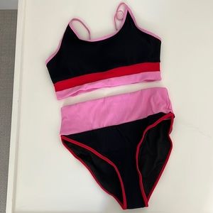 High Waisted Color Block Striped Swimsuit Knit Ribbed size L new w/o tag